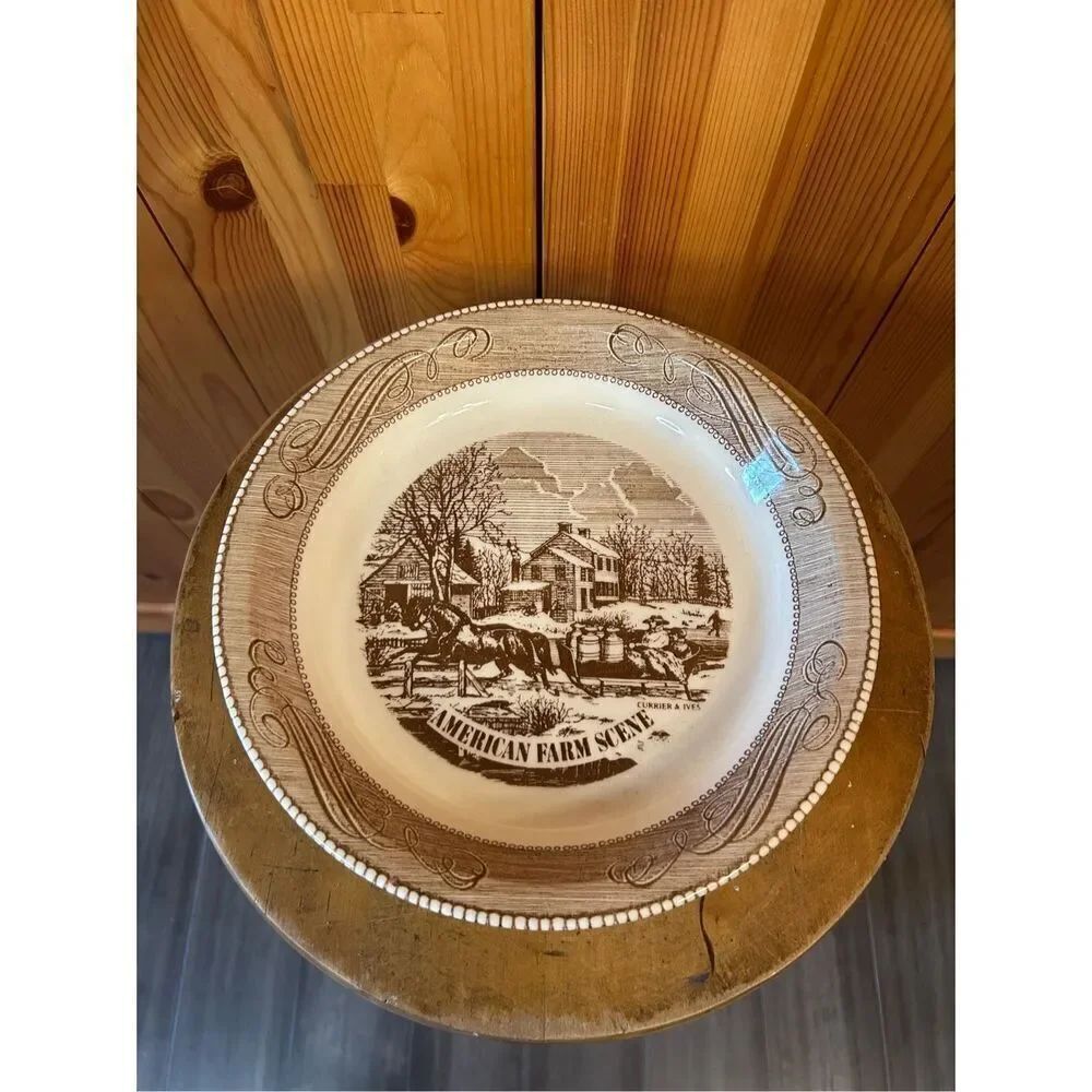 Vintage Currier & Ives American Farm Scene Royal China Jeannette Corp Plate Pie
